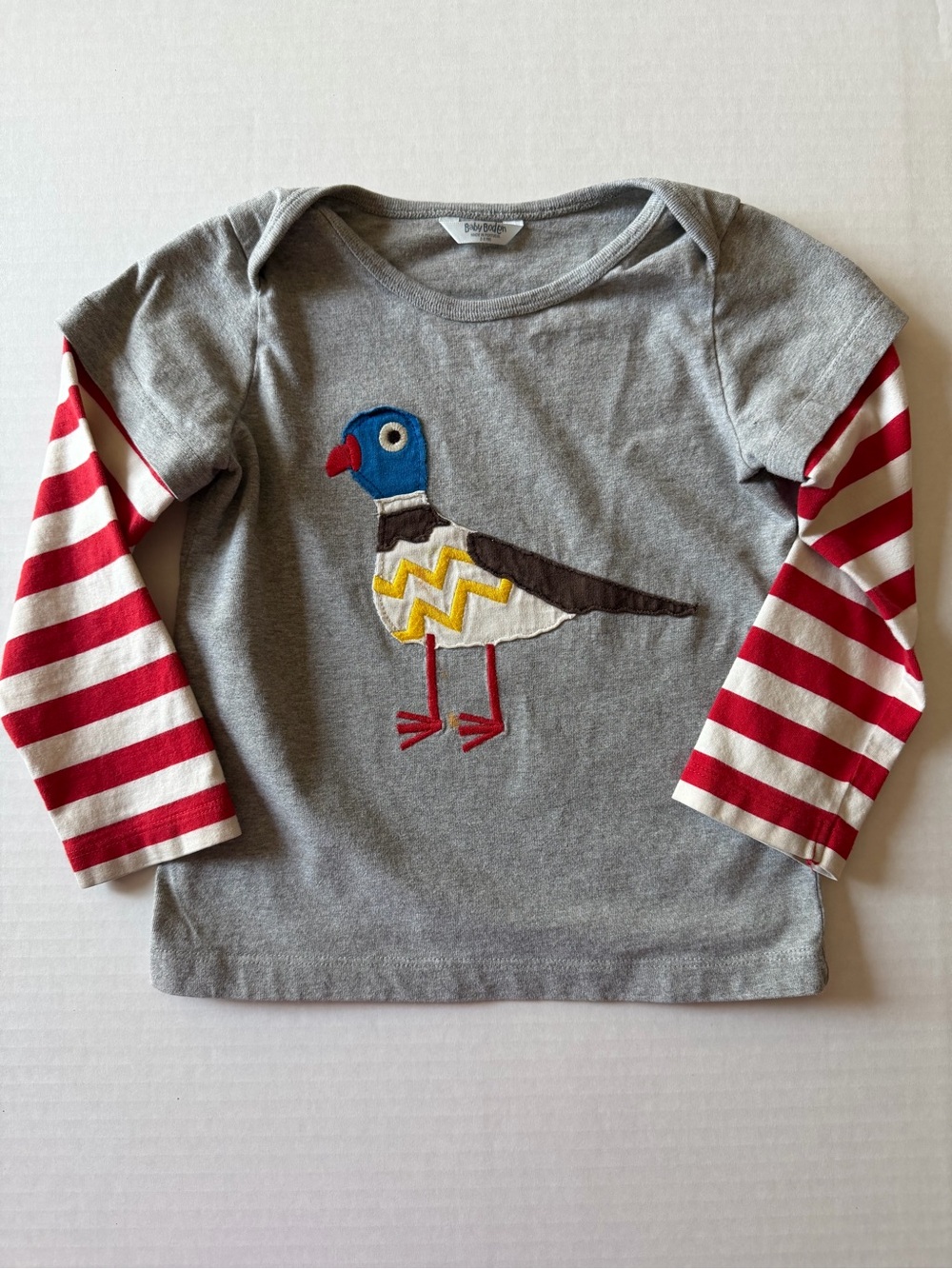 Baby Boden Bird Appliqué Layered Stripe Sleeve Shirt 2-3Y 98cm